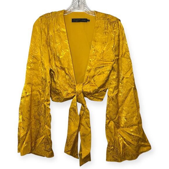 House of Harlow 1960 x Revolve Gold Metallic Tie Front Blouse Bell Sleeve Top S - Picture 2 of 8